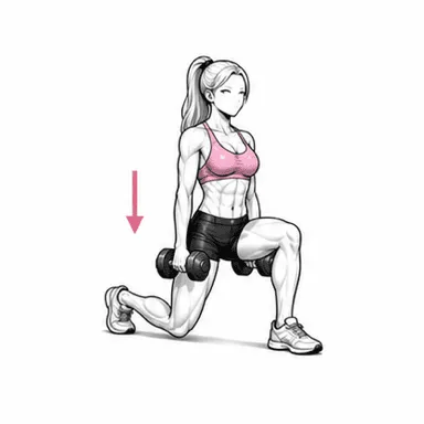 ダンベルランジのステップ2: 前に踏み出してしゃがむ