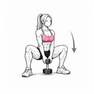 ダンベルスモウスクワットのステップ2: 膝を開いてしゃがむ